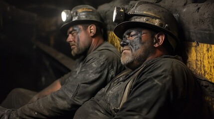 Fototapeta premium Two coal miners with dirty faces taking break underground in a mine