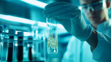A scientist examines a test tube filled with a sample of legionella, holding it under the bright lights of a sterile medical research facility. Their gloved hand gently rotates the