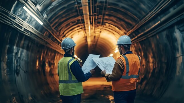 Fototapeta Two engineers analyzing blueprints inside a tunnel under construction