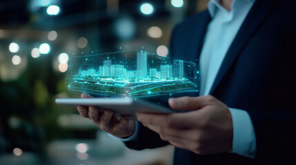 Fototapeta premium In a stylish office setting, a businessman holds a tablet displaying a holographic model of a futuristic smart building. The hologram glows softly, highlighting eco-friendly design