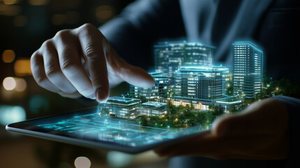 Obraz premium In a stylish corporate setting, a businessman uses a tablet to display a holographic image of a futuristic real estate development. The 3D model includes details like rooftop garde