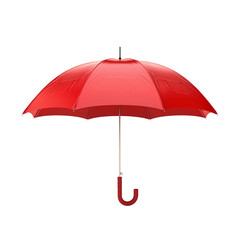 A red umbrella is open and has a white logo on it