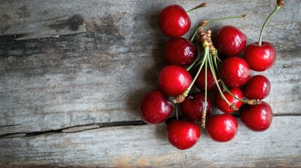 Fresh Red Cherries on Rustic Wooden Surface
