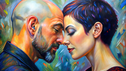 Fototapeta premium Emotional portrait of a couple, intimate mood, close connection in vibrant artistic style