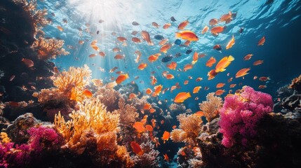 Fototapeta premium A vibrant underwater scene with a school of orange fish swimming over a coral reef.