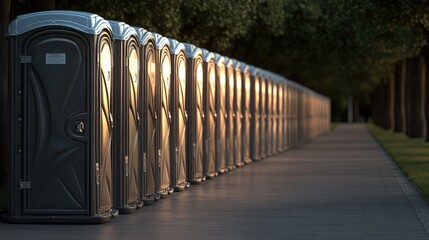 Portable toilets are neatly lined up in a park, basking in the soft light of early morning, creating a tranquil and inviting atmosphere for visitors