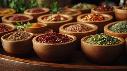 A collection of wooden bowls filled with various dried herbs and spices, elegantly arranged on a table