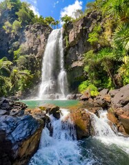 Fototapeta premium Waterfall Cascading Over Jagged Volcanic Rocks, Surrounded by Tropical Trees and Lush Greenery, Captured Under a Bright Sun for a Scenic Nature Landscape Scene