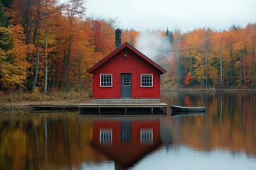 Obraz premium Red cabin on a tranquil lake, surrounded by golden autumn trees, with smoke rising from the chimney and reflections on the still water.