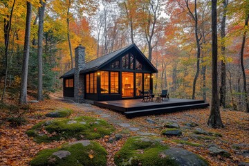  Cozy cabin nestled in a vibrant autumn forest, featuring a spacious deck and surrounded by moss-covered stones and colorful fall leaves.