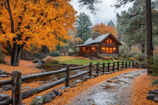  Cozy log cabin in autumn forest with bright orange trees, a wooden fence, and a peaceful pathway leading to the warm, inviting home.
