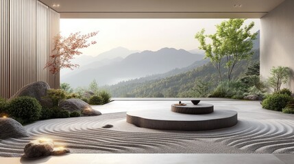 A zen garden with a circular patio and a view of mountains in the distance.