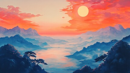 Fototapeta premium A stunning sunrise over a valley, with a misty river winding through the landscape. The sun is a bright orange and red, and the mountains are silhouetted against the sky.