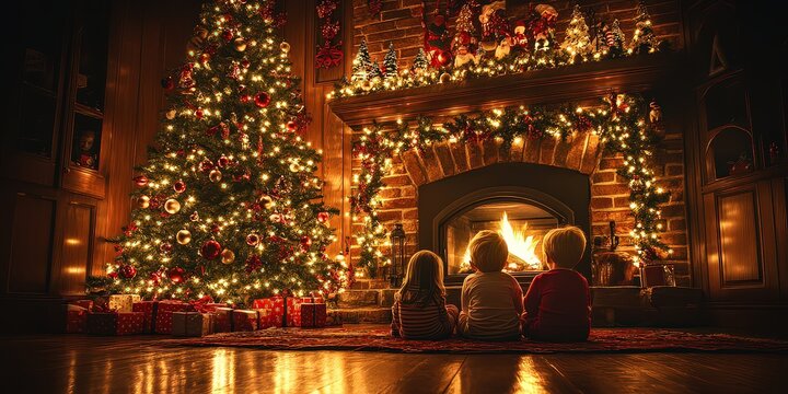  Three children sitting by a fireplace, gazing at a glowing Christmas tree, creating a warm, nostalgic holiday atmosphere filled with magic and joy.