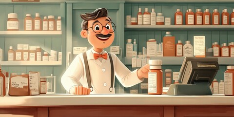  vintage cartoon pharmacy scene with a smiling pharmacist behind a counter filled with large, colorful pill bottles and an old-fashioned cash register, evoking a retro pharmacy vibe.