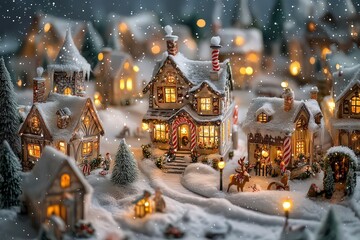 Fototapeta premium Snow-covered village illuminated by warm, glowing lights, evoking festive winter magic. Cozy cottages line snowy streets, with gentle snowfall enhancing the holiday charm.
