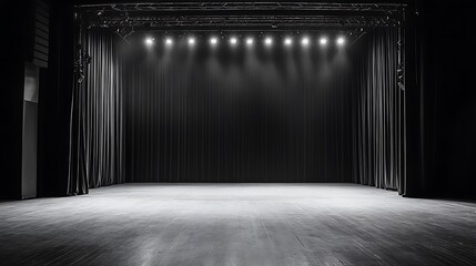 Empty stage with curtains and spotlights. Performance venue or theater background.