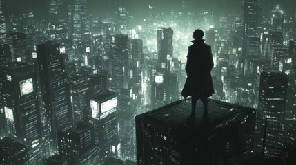 A lone figure stands on a rooftop overlooking a futuristic city at night. The city is illuminated by neon lights and the figure is silhouetted against the bright lights.