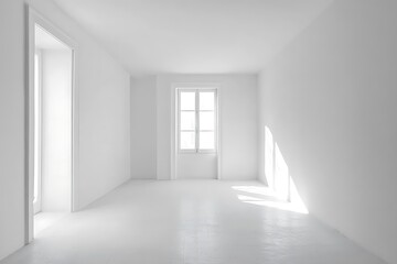 Fototapeta premium Empty white room with sunbeams shining through a window, minimalist interior design, modern house