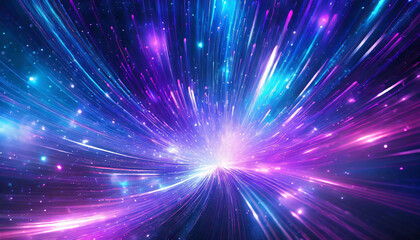 Vibrant light trails create a cosmic explosion of colors in a digital background featuring blue, purple, and pink hues
