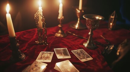Fototapeta premium altar, covered in deep red velvet, with flickering candles, silver chalice, and Tarot cards , ceremonial dagger