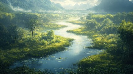 A winding river flows through a lush green valley, surrounded by misty mountains.