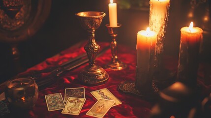  altar, covered in deep red velvet, with flickering candles, silver chalice, and Tarot cards ,  ceremonial dagger