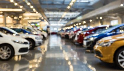 Cars lined up in a modern show room showcasing various models in bright lighting during peak business hours