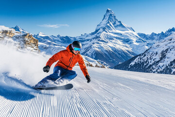 Snowboard skiing downhill