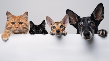 Happy Pets: A playful group of cats and a dog peeking over a blank banner, ready for your message. Perfect for pet adoption, veterinary clinics, or pet product advertising.