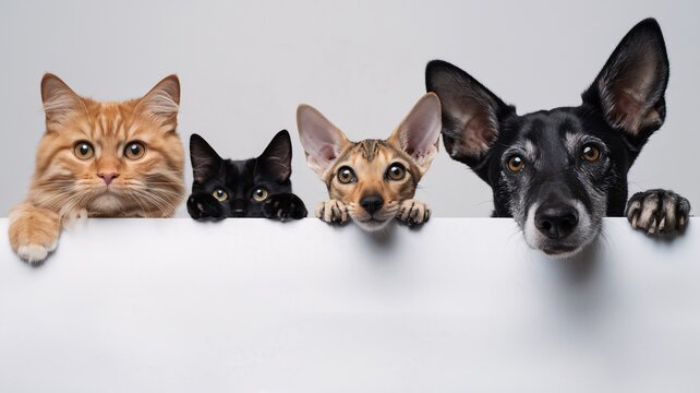 Happy Pets: A playful group of cats and a dog peeking over a blank banner, ready for your message. Perfect for pet adoption, veterinary clinics, or pet product advertising.
