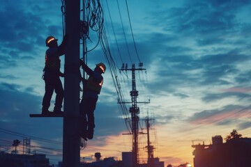 Silhouette Of Electrical Workers Fixing Power Lines At Sunset