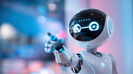 Tech Evolution:  A futuristic robot points towards the horizon, symbolizing innovation and technological advancement. The image is perfect for illustrating concepts related to AI, robotics.