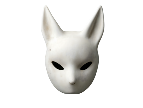 A minimalistic white mask resembling a minimalistic rabbit's or cat`s face mask with pointed ears, isolated on transparent background