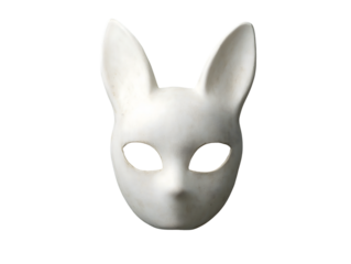 A minimalistic white mask resembling a minimalistic rabbit's or cat`s face mask with pointed ears, isolated on transparent background