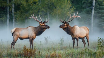 Fototapeta premium Majestic Elk in Misty Forest Landscape