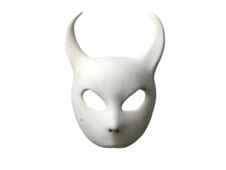 Simple white mask featuring horned shapes and piercing eyes, perfect for theatrical use or as an artistic centerpiece, isolated on transparent background