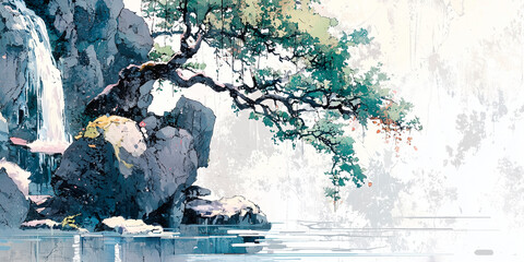 Traditional eastern art. Ink painting. Zen. ancient scroll. Fantasy landscape panorama. Background wallpaper, poster, invitation, flyer, banner, email, header, social media post. Generative Ai content