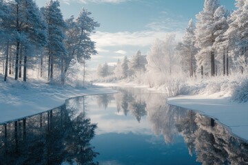A serene winter landscape with a frozen river reflecting the blue sky and white snow-covered trees.