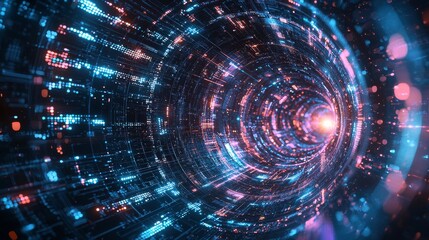 Fototapeta premium Quantum computer concept with abstract mathematical patterns, data streams, blue and purple tones, light effects, high-tech atmosphere 