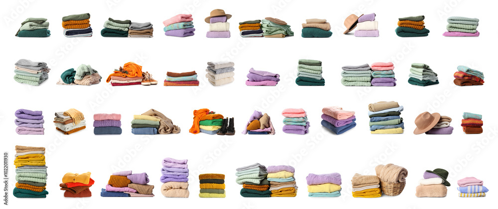 Canvas Prints Set of many stacked warm clothes on white background