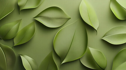 A close-up of various green leaves arranged artistically on a soft green background, showcasing their intricate textures and natural beauty.
