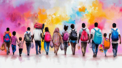 Naklejka premium A colorful watercolor depiction of a diverse group of people walking together with backpacks against a vibrant backdrop
