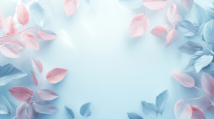 A serene background featuring soft, pastel leaves in pink and blue tones, creating a calming frame effect against a light backdrop.