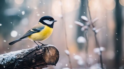 Fototapeta premium Great tit with yellow breast and dendrocopos major sitting on dry tree trunk against blurred background of winter forest
