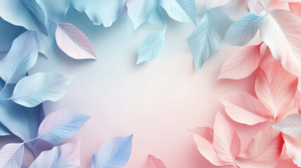 A vibrant arrangement of pastel leaves in shades of blue and pink, set against a soft, blurred background, evoking a tranquil and soothing atmosphere.