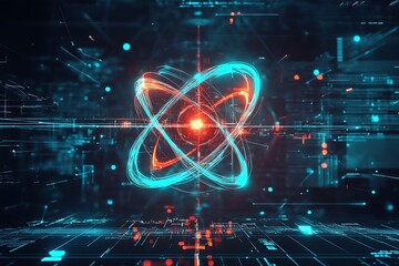 Abstract glowing neon atom symbol in digital space, science, physics and technology concept