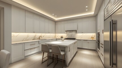 Modern kitchen design with white cabinets, marble backsplash and under cabinet lighting in the middle of long light gray wall, stainless steel refrigerator on right side, beige countertop at center 