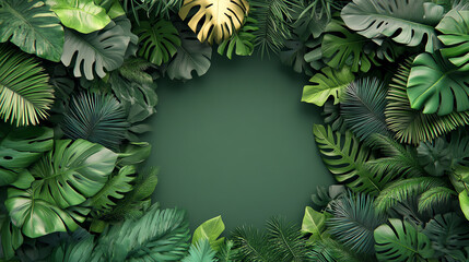 A vibrant collection of tropical leaves surrounding a blank space, ideal for adding text or graphics, against a deep green backdrop.
