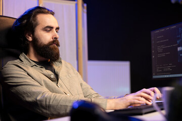 Computer scientist updating artificial intelligence machine learning algorithm, writing binary code...